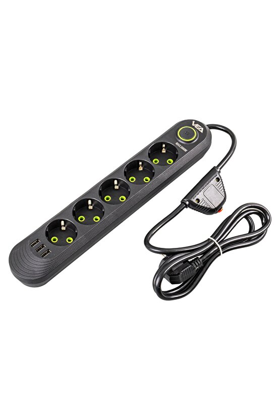 Siyah 5 Li 1.5 Metre Uzatma Kablolu 3 USB Termal Akım Kormalı Priz BSN41-T63M9
