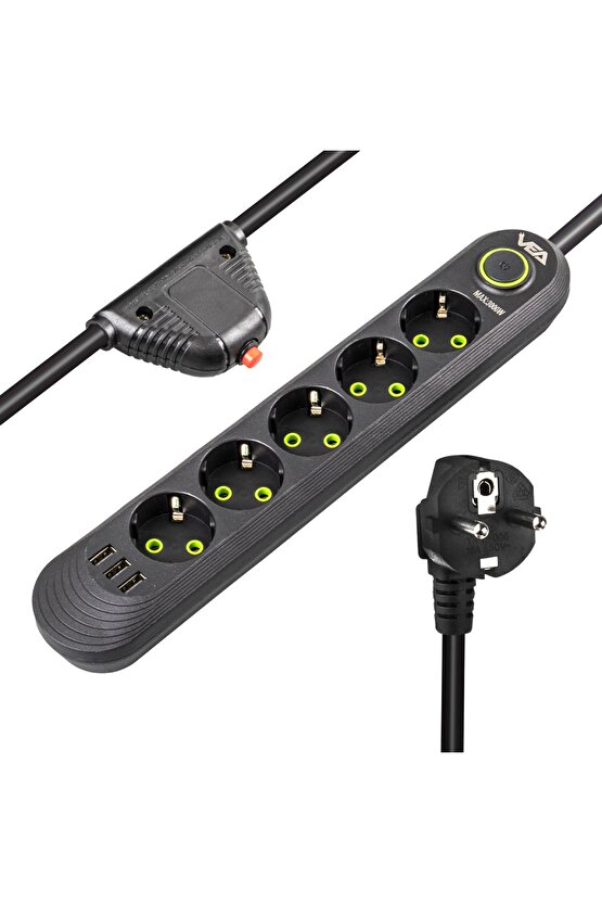 Siyah 5 Li 1.5 Metre Uzatma Kablolu 3 USB Termal Akım Kormalı Priz BSN41-T63M9