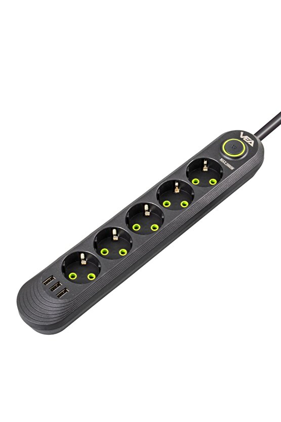 Siyah 5 Li 1.5 Metre Uzatma Kablolu 3 USB Termal Akım Kormalı Priz BSN41-T63M9