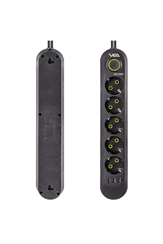 Siyah 5 Li 1.5 Metre Uzatma Kablolu 3 USB Termal Akım Kormalı Priz BSN41-T63M9
