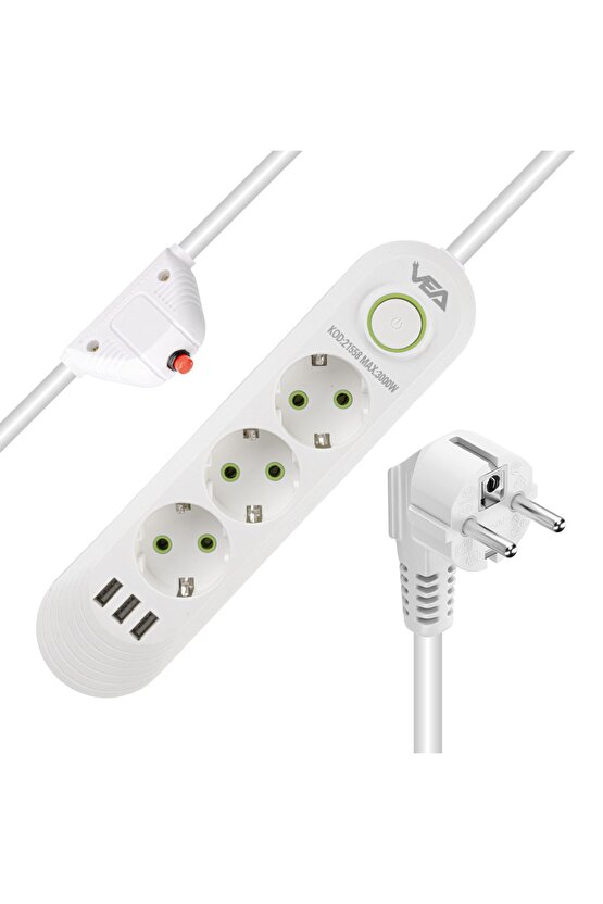 1.5 Metre Uzatma Kablolu 3 USB Li Beyaz Akım Korumalı Priz AXE9-X33T55