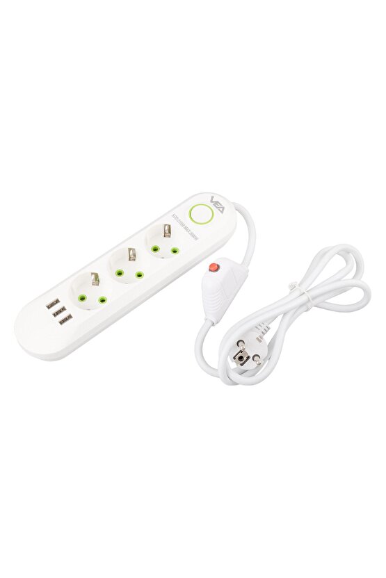 1.5 Metre Uzatma Kablolu 3 USB Li Beyaz Akım Korumalı Priz AXE9-X33T55