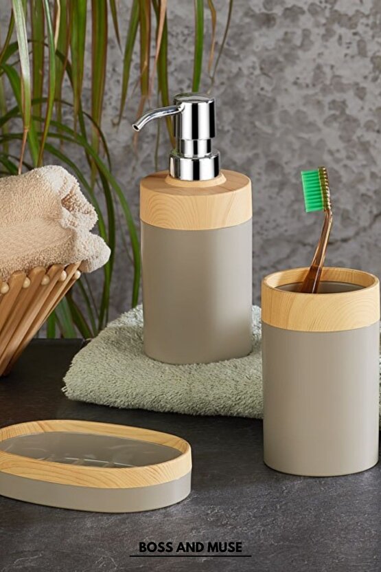 Bambu Görünümlü Plastik  3 Lü Banyo Seti Sıvı Sabunluk Diş Fırçalık Sabunluk
