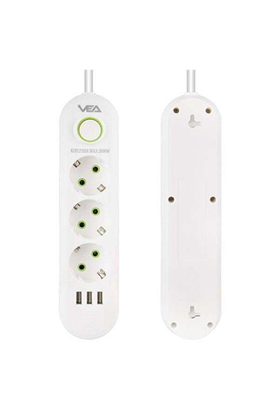 3 lü 1.5 Metre Uzatma Kablolu 3 Usb li Beyaz Akım Korumalı Gurup Priz BSN55-4L13X