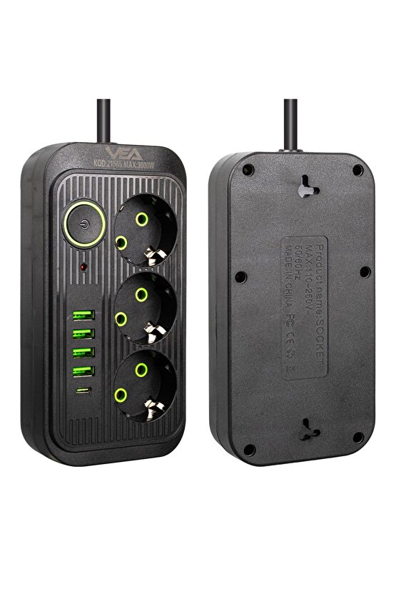 Çocuk Korumalı 4 Elektrik Prizi + 4 USB + 1 TYPE-C Giriş 1.5 Metre Uzatma Kablolu AXE55-71F3