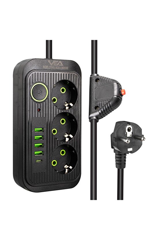 Çocuk Korumalı 4 Elektrik Prizi + 4 USB + 1 TYPE-C Giriş 1.5 Metre Uzatma Kablolu AXE55-71F3