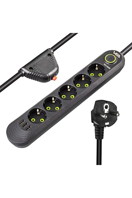 Beşli Grup Priz 1.5 Metre Akım Korumalı 3 USB Çıkışlı Anahtarlı KPF7-88F3