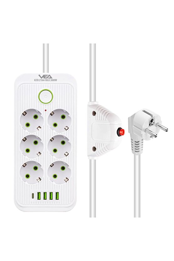 Çocuk Korumalı Beyaz 6 Lı 1.5 Metre Kablolu 4 USB + TYPE-C Çıkışlı Gurup Piriz AXE22-L53X