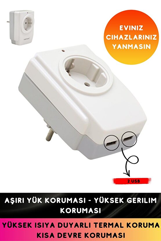 Aşırı Yük Koruması - Yüksek Gerilim Koruması 16 Amper - 3680 Watt 2 Usbli  Akım Korumalı Tekli Priz