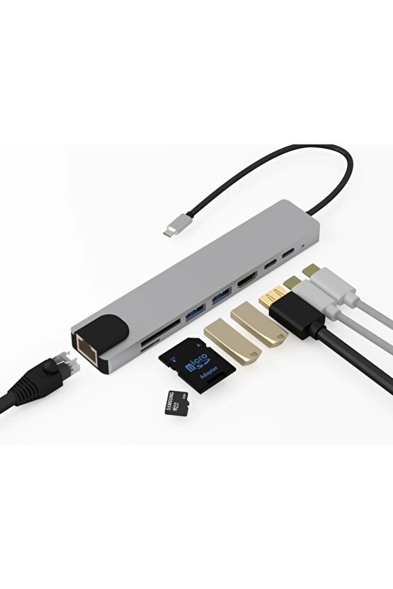 htc Type C To Hdmi Usb 3.0 Sd Microsd 8in1 Kart Rj45 Ethernet Çevirici Dönüştürücü Adaptör