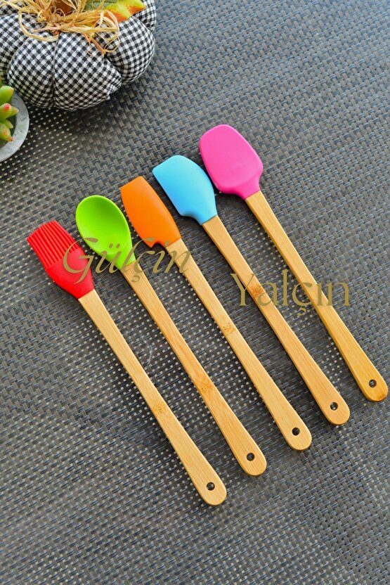 Slikon Ahşap Saplı  5li Pasta Hazırlama Seti Spatula Yağ Fırçası