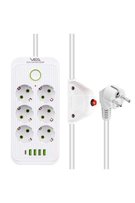 6 Topraklı Priz 4 USB + 1 TYPE-C Girişli Akım Korumalı 1.5 Metre Çocuk Koruma Gurup Priz