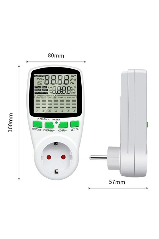 Zemheri Dijital Wattmetre Enerji Sarfiyat Ölçer Tüketim Ölçer Tekli Priz 220 Volt 16 Amper 3680 Watt