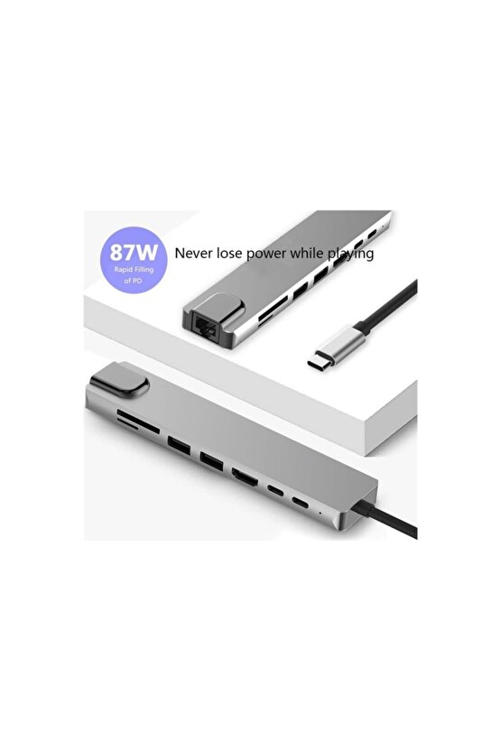 Type C Den 8 Farklı Girişe Çeviren Laptop İçin Rj45 Ethernet Usb Usb-3 Hdtv Pd Sd Tf Çevirici