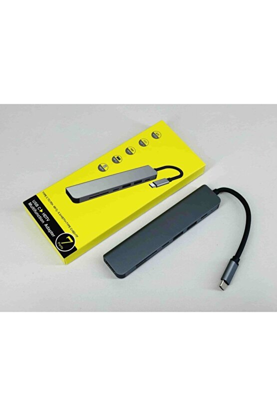 7 + 1 Aleminyum Metal Kasa Sd Tf Usb Type C Hub Hdmı Girişli Google Chrombook Dell Huawei Çevirici