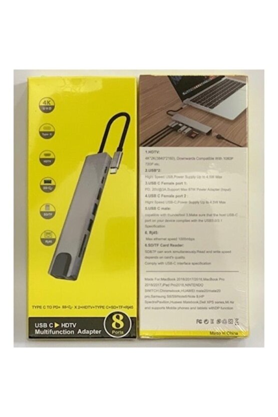 Macbook Uyumlu 8 In 1 4k Type C Usb 3.0 Hub Hdmı Rj45 Sd Tf Adaptörü
