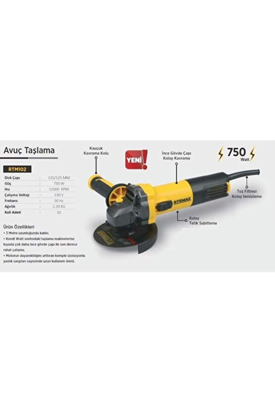 Rtm102 Avuç Taşlama 115125mm 750w Inox Metal Kesme Hediye