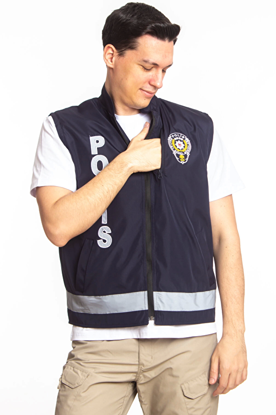 Lacivert Renkli Cift Tarafli Polis Emniyet Mensubu Reflektorlu Polis Gorev Yelek