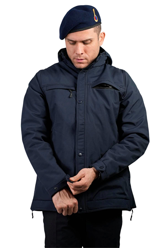 Lacivert Renkli Jandarma Asayis 5 Cepli Uzun Kollu Soguk Gecirmez Softshell Kapusonlu Taktik Mont