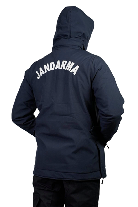 Lacivert Renkli Jandarma Asayis 5 Cepli Uzun Kollu Soguk Gecirmez Softshell Kapusonlu Taktik Mont