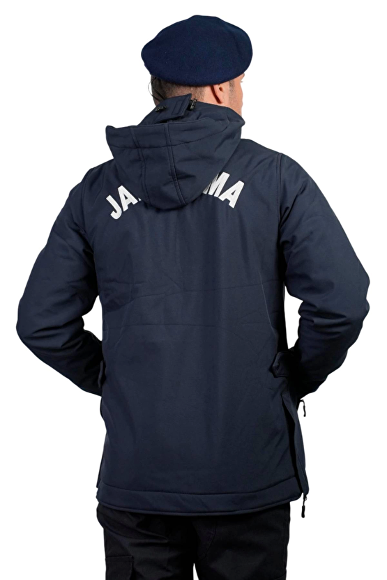Lacivert Renkli Jandarma Asayis 5 Cepli Uzun Kollu Soguk Gecirmez Softshell Kapusonlu Taktik Mont