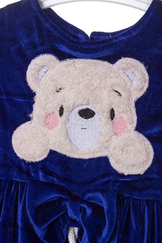 Lacivert Renkli Bear Kadife Elbise Detayli Ayicik Nakisli Kaliteli Uzun Kollu Elbise