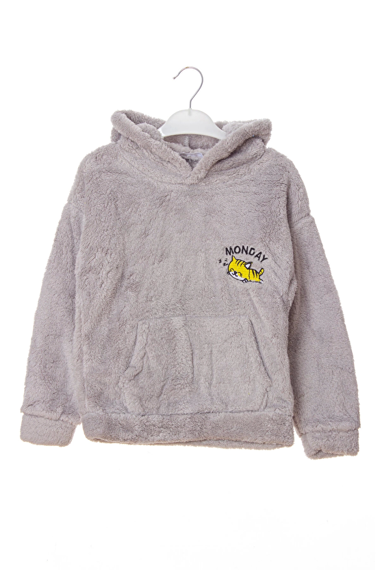 Gri Renkli Uyuyan Kedi Detayli Cepli Kapusonlu Monday Nakisli Kaliteli Uzun Kollu Sweatshirt