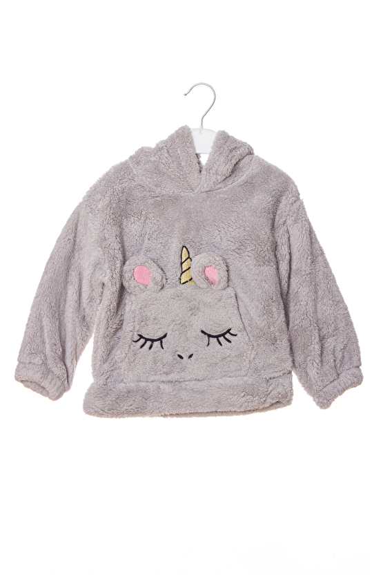 Gri Renkli Unicorn Nakisli Cepli Kaliteli Organik Uzun Kollu Kapusonlu Sweatshirt Kiyafet