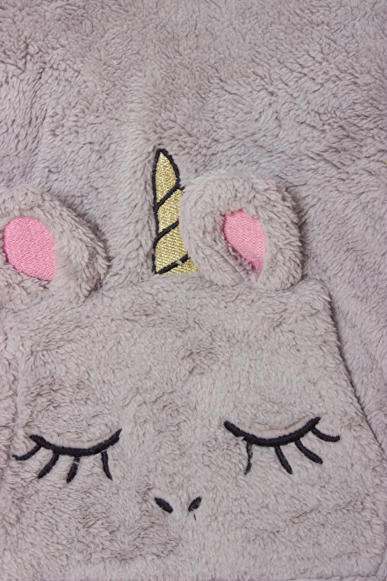 Gri Renkli Unicorn Nakisli Cepli Kaliteli Organik Uzun Kollu Kapusonlu Sweatshirt Kiyafet