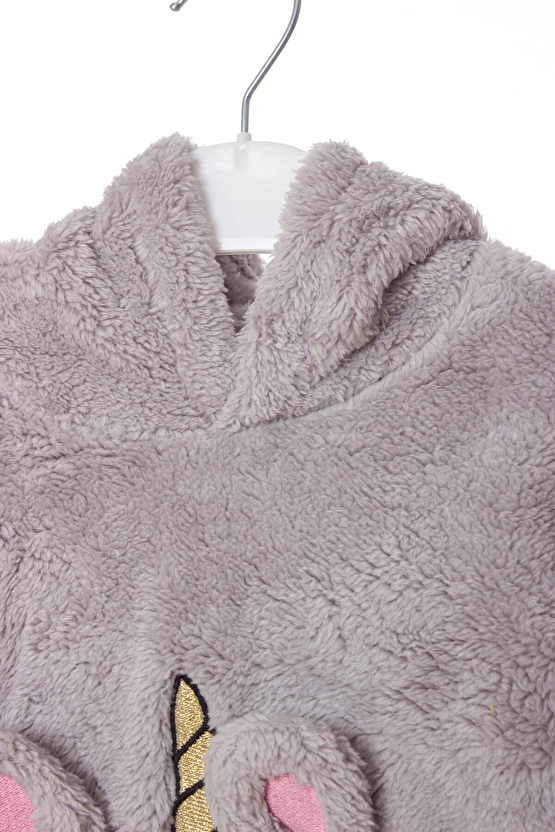Gri Renkli Unicorn Nakisli Cepli Kaliteli Organik Uzun Kollu Kapusonlu Sweatshirt Kiyafet
