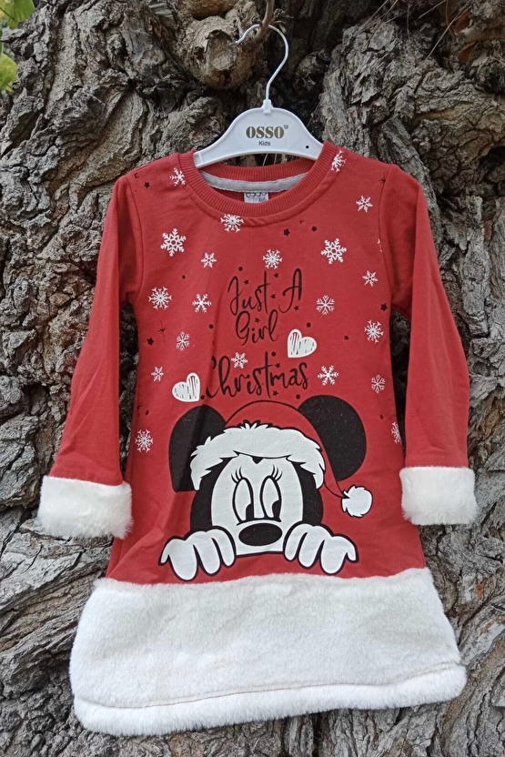 Kirmizi Renkli Just A Girl Christmas Baskili Nakisli Pamuklu Uzun Kollu Cocuk Sweatshirt