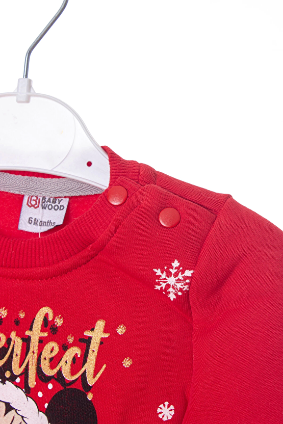 Kirmizi Renkli The Perfect Christmas Mickey Mouse Baskili Nakisli Pamuklu Uzun Kollu Cocuk Alt Ust Takim