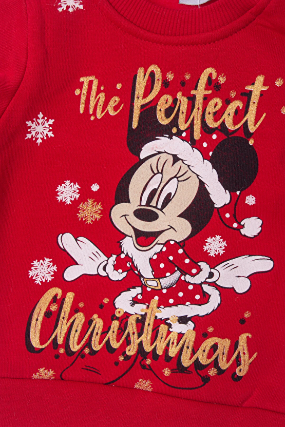 Kirmizi Renkli The Perfect Christmas Mickey Mouse Baskili Nakisli Pamuklu Uzun Kollu Cocuk Alt Ust Takim