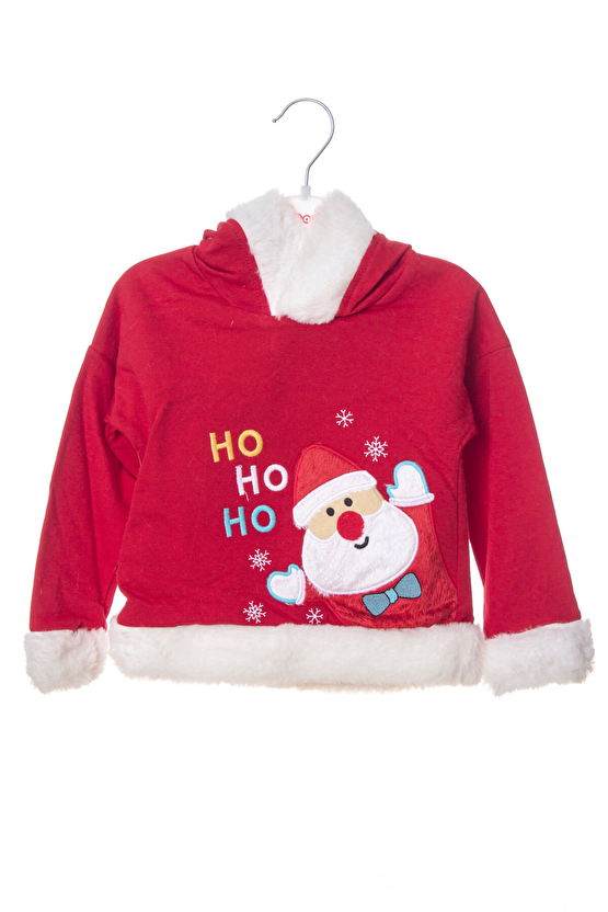 Kirmizi Renkli Noel Baba Baskili Nakisli Pamuklu Uzun Kollu Kapusonlu Alt Ust Cocuk Takim