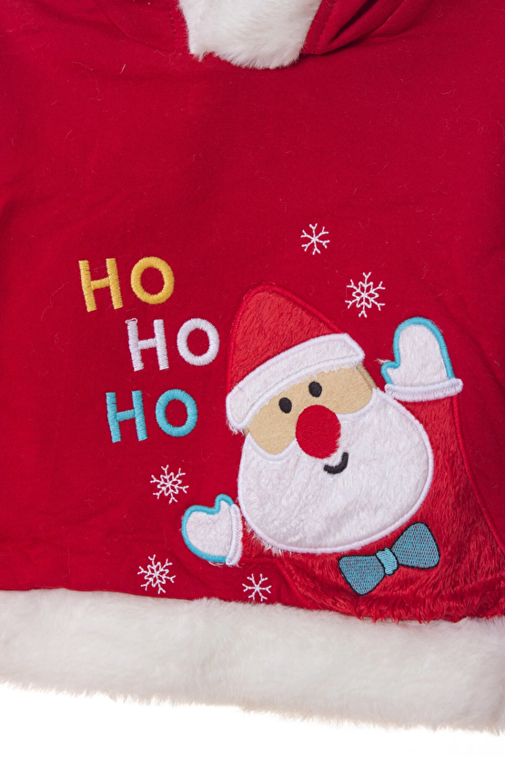 Kirmizi Renkli Noel Baba Baskili Nakisli Pamuklu Uzun Kollu Kapusonlu Alt Ust Cocuk Takim