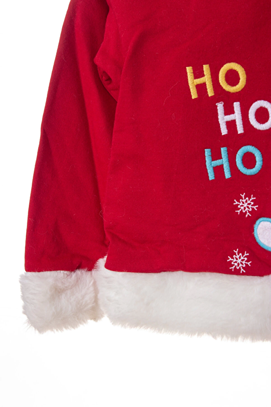 Kirmizi Renkli Noel Baba Baskili Nakisli Pamuklu Uzun Kollu Kapusonlu Alt Ust Cocuk Takim
