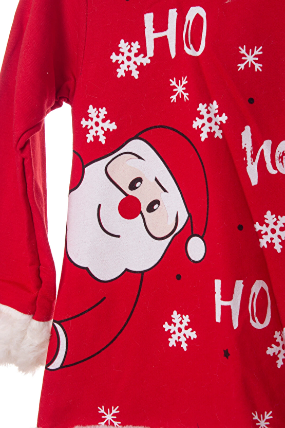 Kirmizi Renkli Noel Baba Baskili Nakisli Pamuklu Uzun Kollu Cocuk Sweatshirt