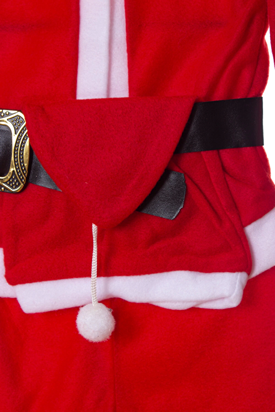 Kirmizi Renkli Bereli Kemerli Kaliteli Uzun Kollu Noel Baba Detayli Unisex Kostum