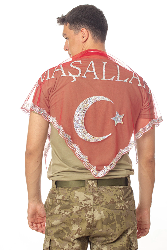 Kirmizi Beyaz Ayyildiz Masallah Yazılı Pul İslemeli Asker Ugurlama Sali