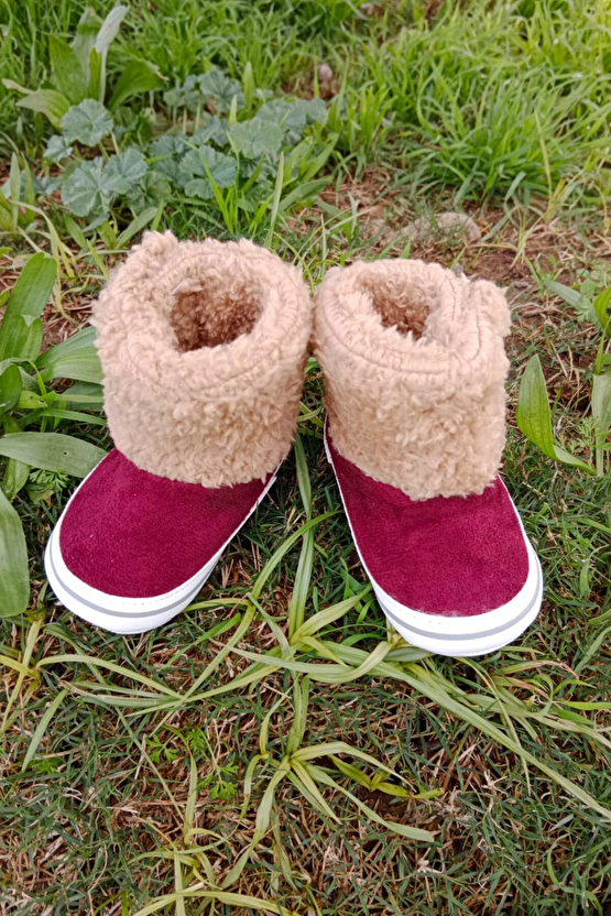 Bordo Renkli İci Pamuklu Cirtli Bantli Kapamali Organik Unisex Cocuk Bebek İlkadim Patik Panduf