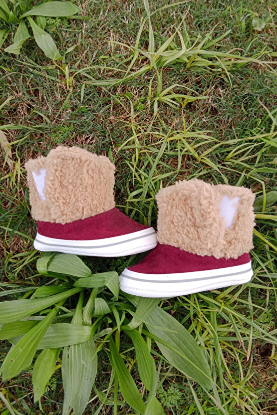 Bordo Renkli İci Pamuklu Cirtli Bantli Kapamali Organik Unisex Cocuk Bebek İlkadim Patik Panduf