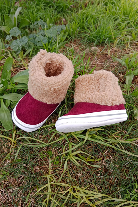 Bordo Renkli İci Pamuklu Cirtli Bantli Kapamali Organik Unisex Cocuk Bebek İlkadim Patik Panduf