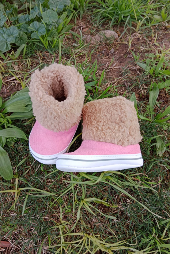 Pembe Renkli İci Pamuklu Cirtli Bantli Kapamali Organik Unisex Cocuk Bebek İlkadim Patik Panduf
