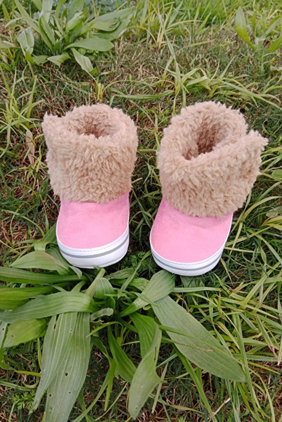 Pembe Renkli İci Pamuklu Cirtli Bantli Kapamali Organik Unisex Cocuk Bebek İlkadim Patik Panduf