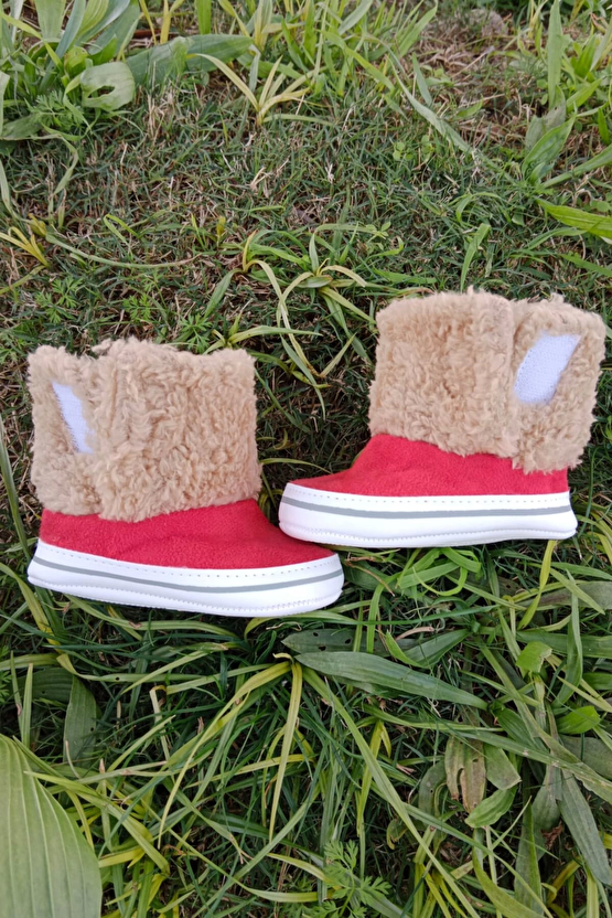 Kirmizi Renkli İci Pamuklu Cirtli Bantli Kapamali Organik Unisex Cocuk Bebek İlkadim Patik Panduf