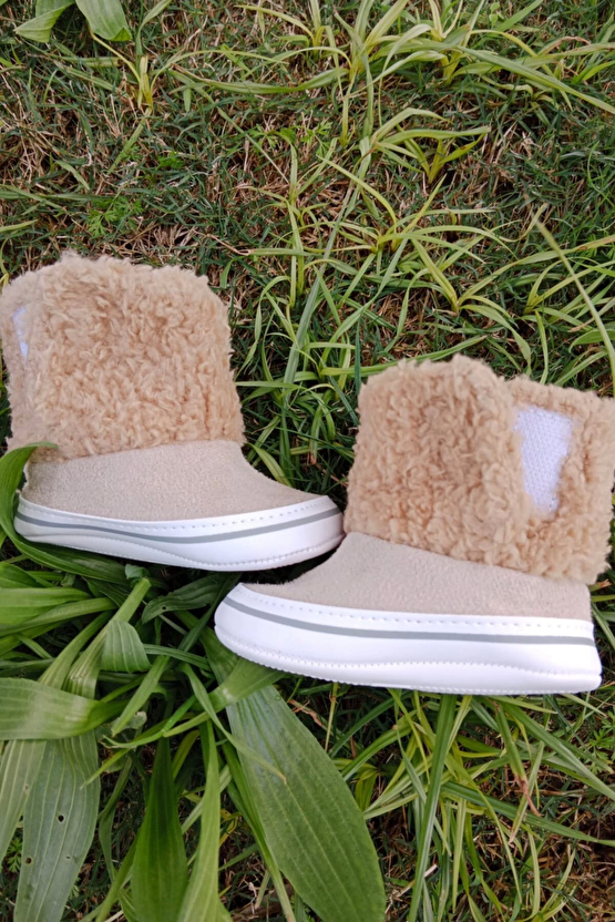 Kum Renkli İci Pamuklu Cirtli Bantli Kapamali Organik Unisex Cocuk Bebek İlkadim Patik Panduf