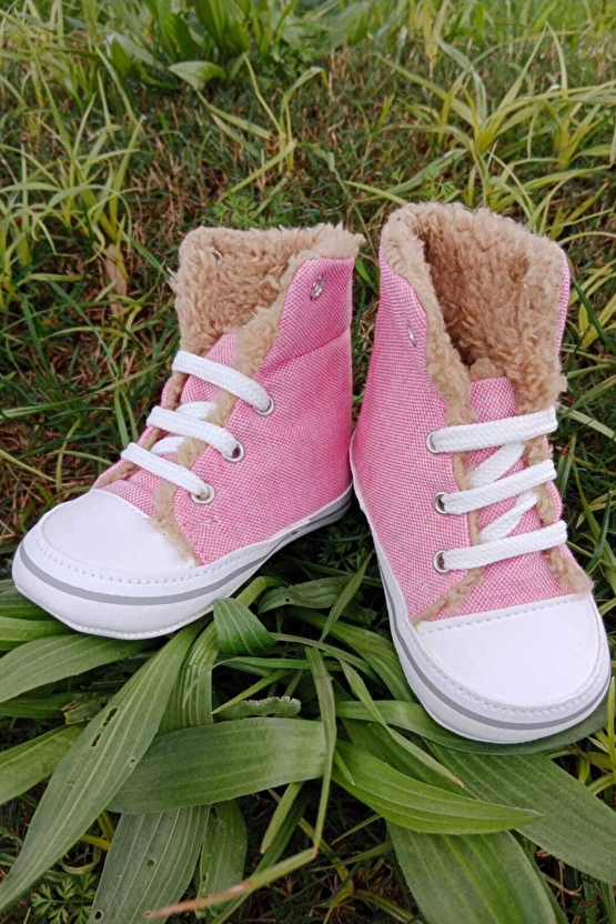 Pembe Renkli Converse Model İci Polarli Organik Cocuk Bebek İlkadim Bagcikli Patik Sneaker Casual Ayakkabi