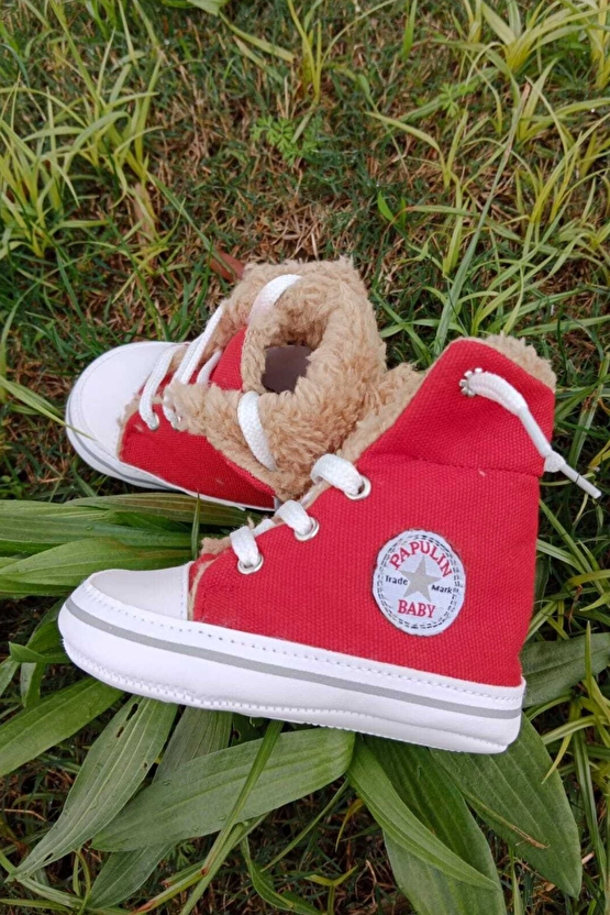 Kirmizi Renkli Converse Model İci Polarli Organik Unisex Cocuk Bebek İlkadim Bagcikli Patik Sneaker Casual Ayakkabi