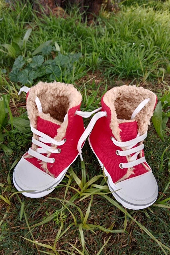 Kirmizi Renkli Converse Model İci Polarli Organik Unisex Cocuk Bebek İlkadim Bagcikli Patik Sneaker Casual Ayakkabi