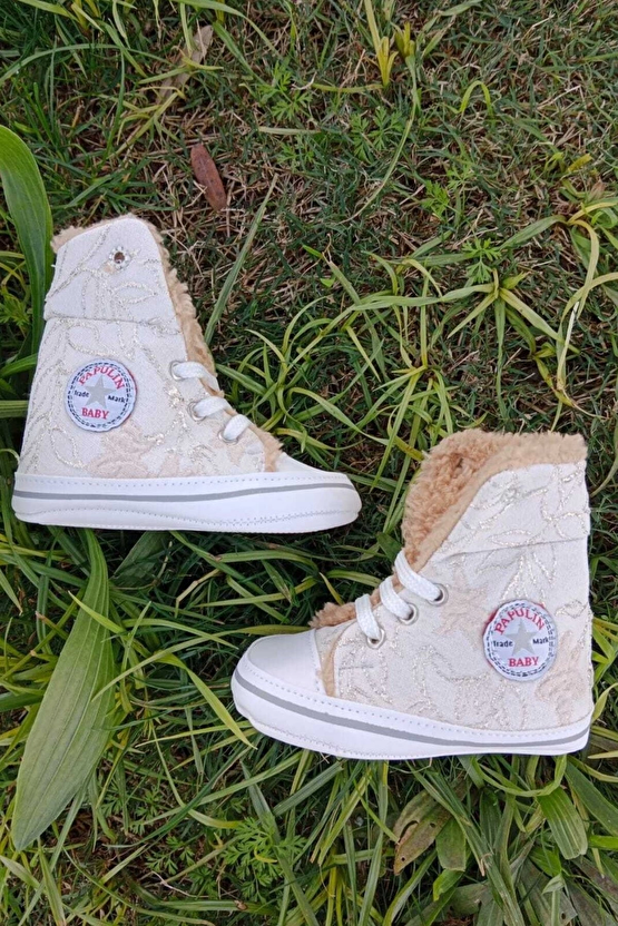 Krem Renkli Converse Model İci Polarli Organik Unisex Cocuk Bebek İlkadim Bagcikli Patik Sneaker Casual Ayakkabi